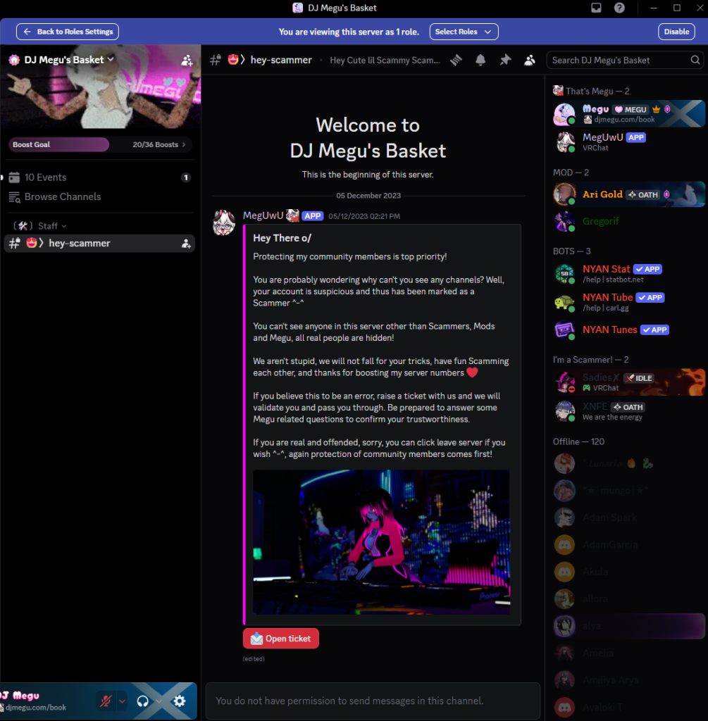 Discord screenshot showing restricted scammer channel visibility